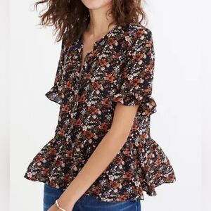 Madewell Ruffle-hem Front Button Dark "Prairie Floral" Popover Style Top